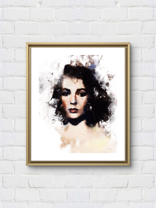 Digital illustration portrait print of Elizabeth Taylor in classic Hollywood glamour style