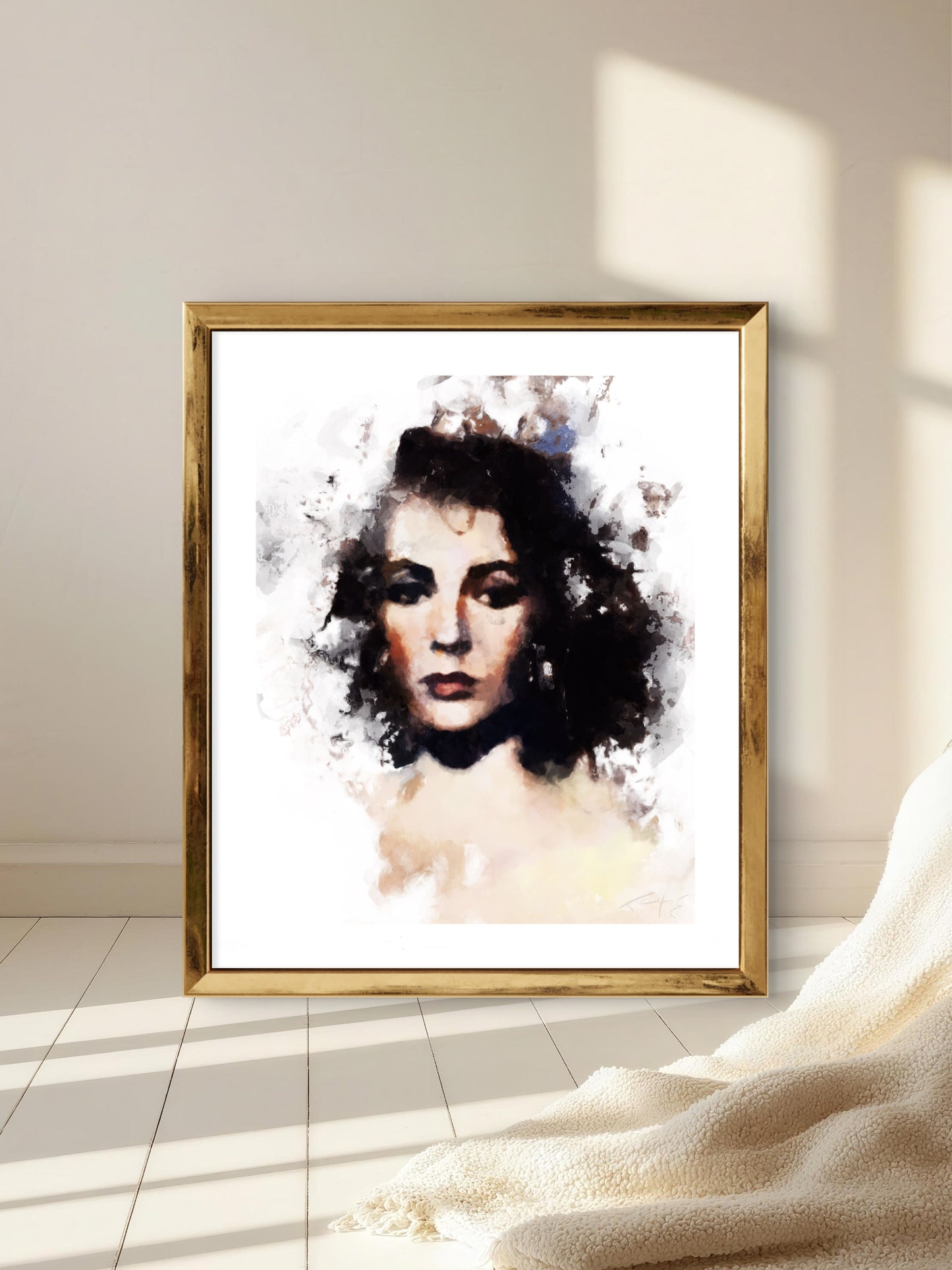 Digital illustration portrait print of Elizabeth Taylor in classic Hollywood glamour style