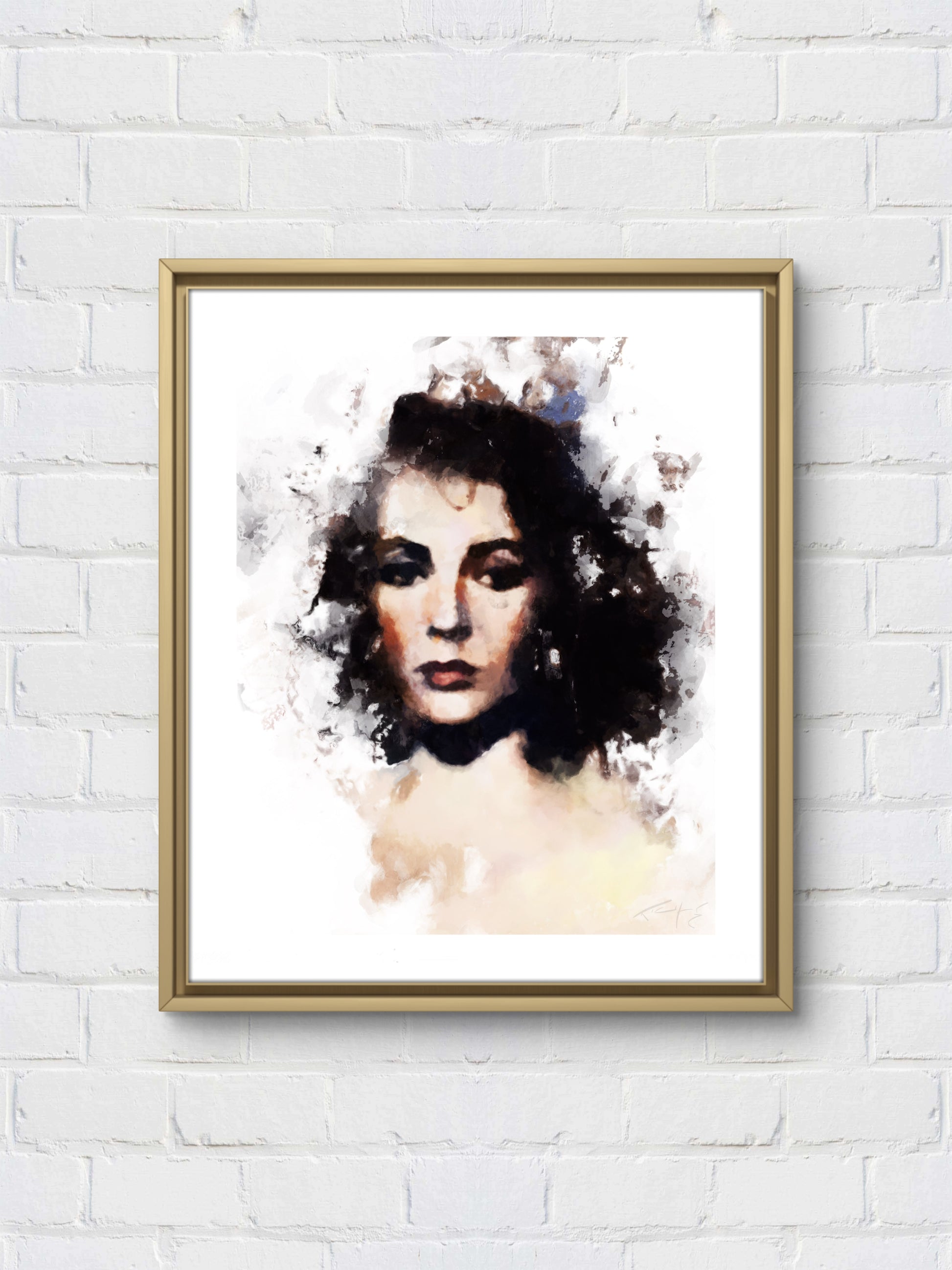 Digital illustration portrait print of Elizabeth Taylor in classic Hollywood glamour style