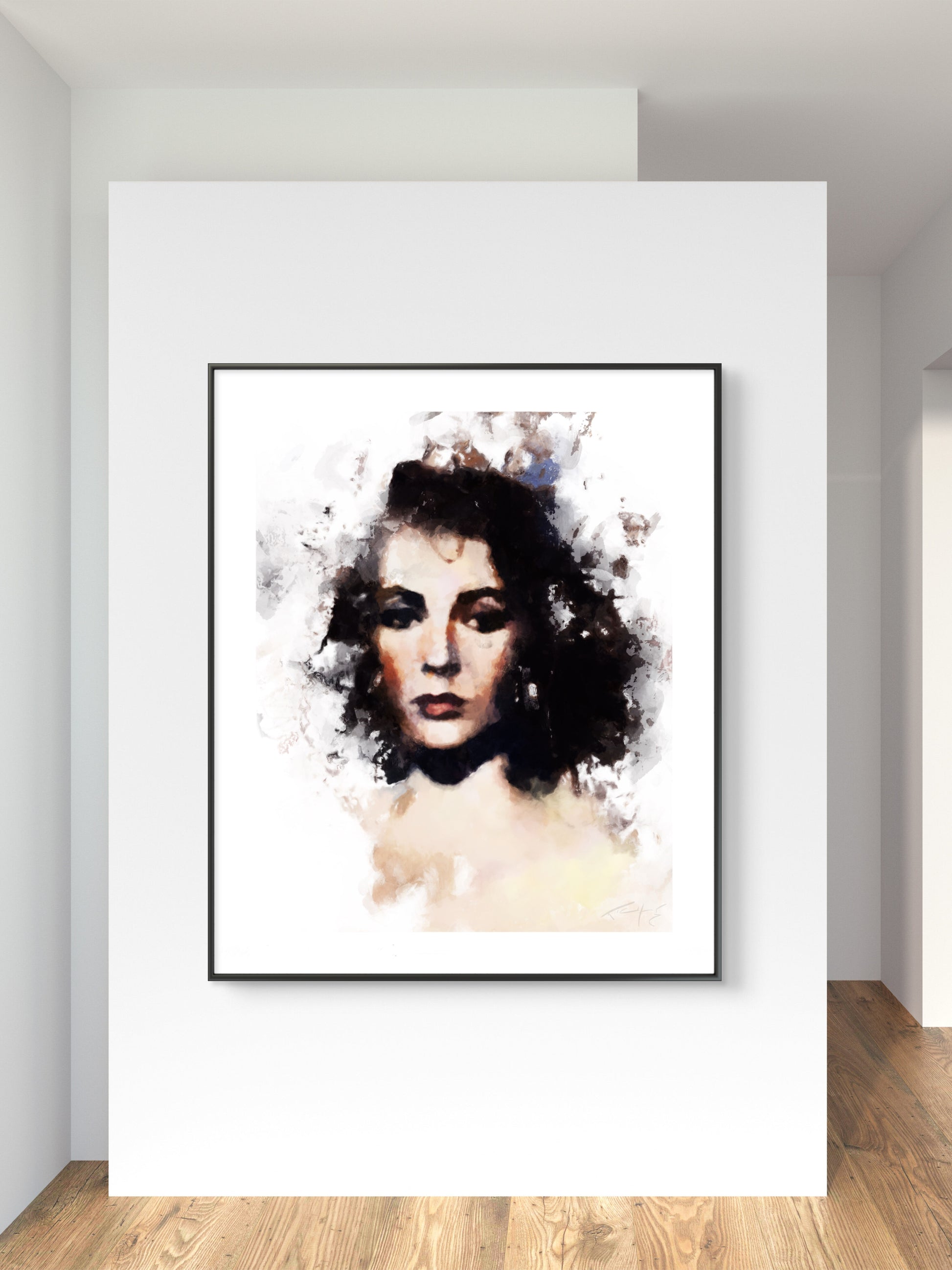 Digital illustration portrait print of Elizabeth Taylor in classic Hollywood glamour style