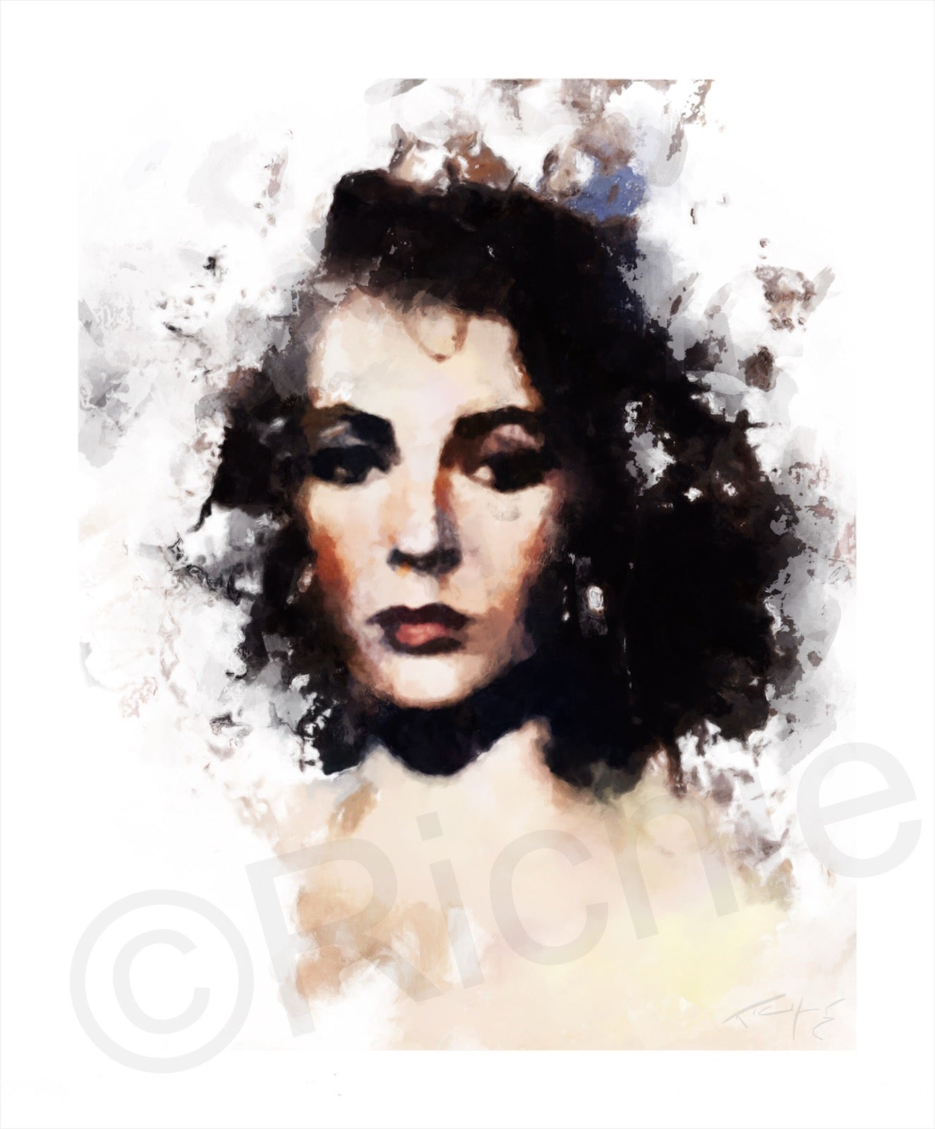 Digital illustration portrait print of Elizabeth Taylor in classic Hollywood glamour style